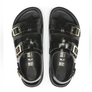 Birkenstock Canne Black Sandals with Gold Buckles - Size 39